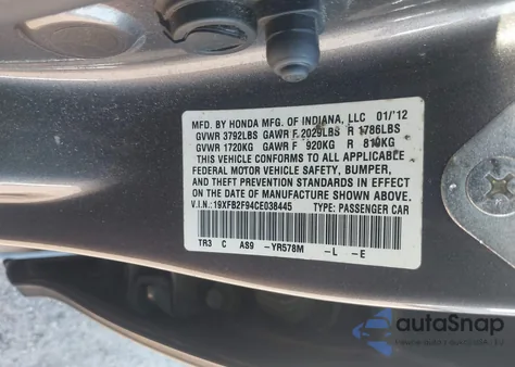 2012 Honda Civic Ex-L from USA, damaged, VIN 19XFB2F94CE038445